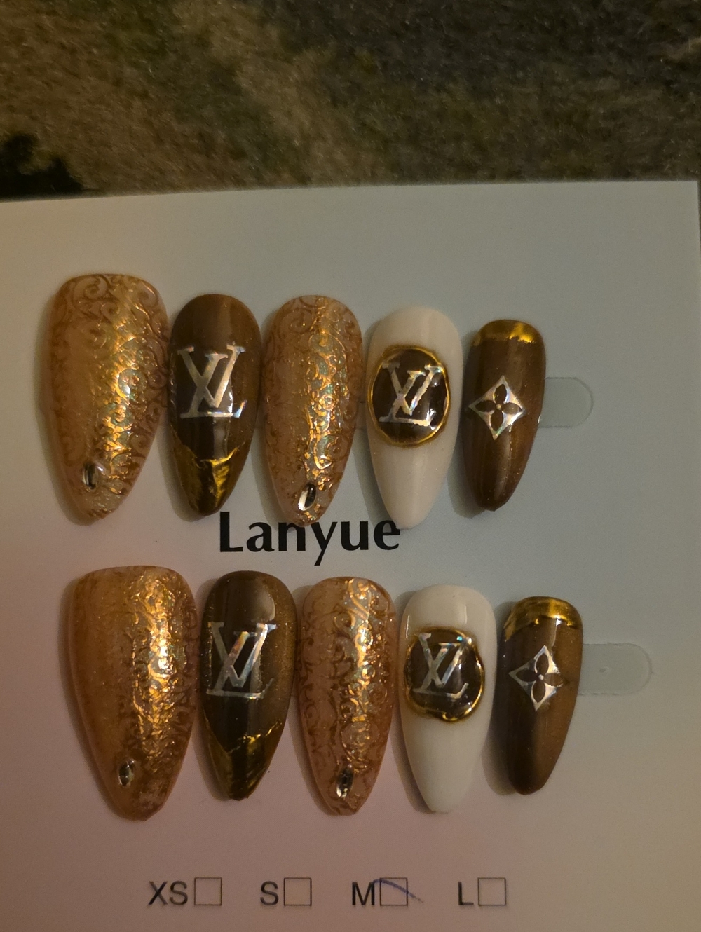 Gold & Brown Luxury Nail Set with White Accent  Med